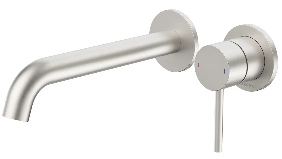 Caroma Liano II 210mm Low Lead Wall Basin/Bath Mixer with 2x Round Cover Plates - Brushed Nickel