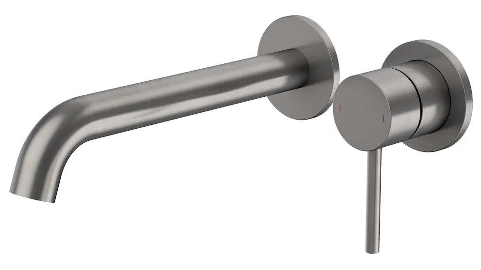 Caroma Liano II 210mm Low Lead Wall Basin/Bath Mixer with 2x Round Cover Plates - Gunmetal