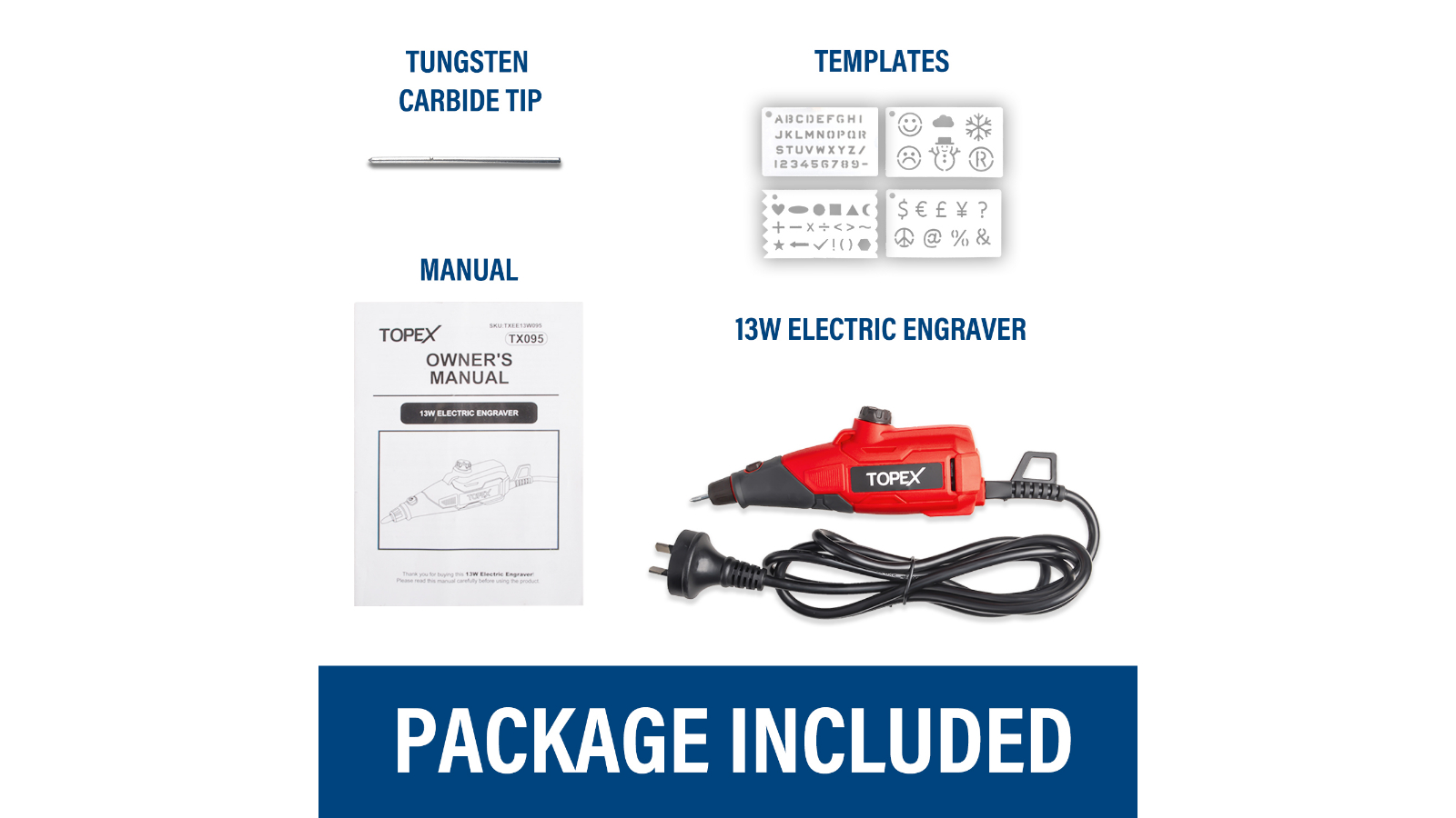 TOPEX 13W Electric Engraver Mini Versatile Etching Tool Kit With Stencils 2 Tips For Glass Metal
