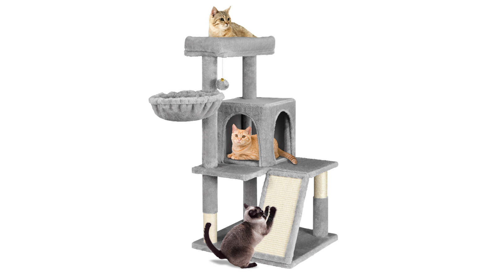 BEASTIE Cat Tree Scratching Post with Plush Ball and Bell Light Grey 100cm
