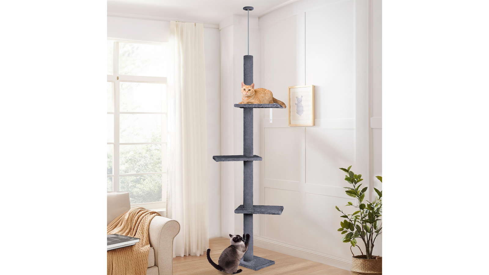 BEASTIE Cat Tree Floor to Ceiling Scratching Post Grey 230-286cm