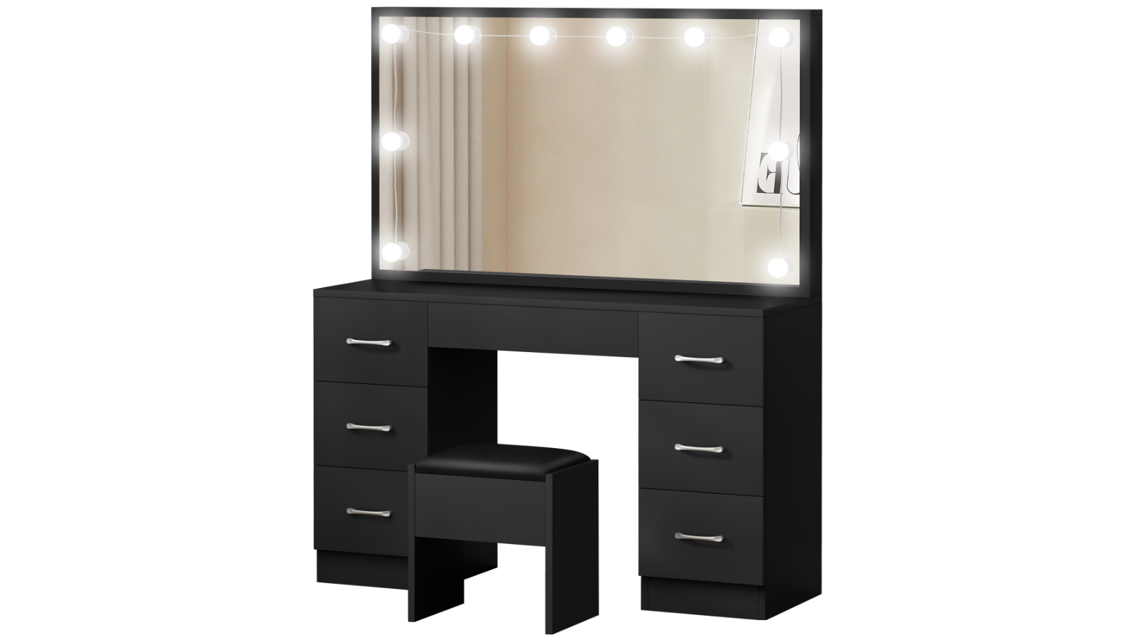 Alfordson 7-Drawer LED 10 Bulb Dressing Table Set - Black
