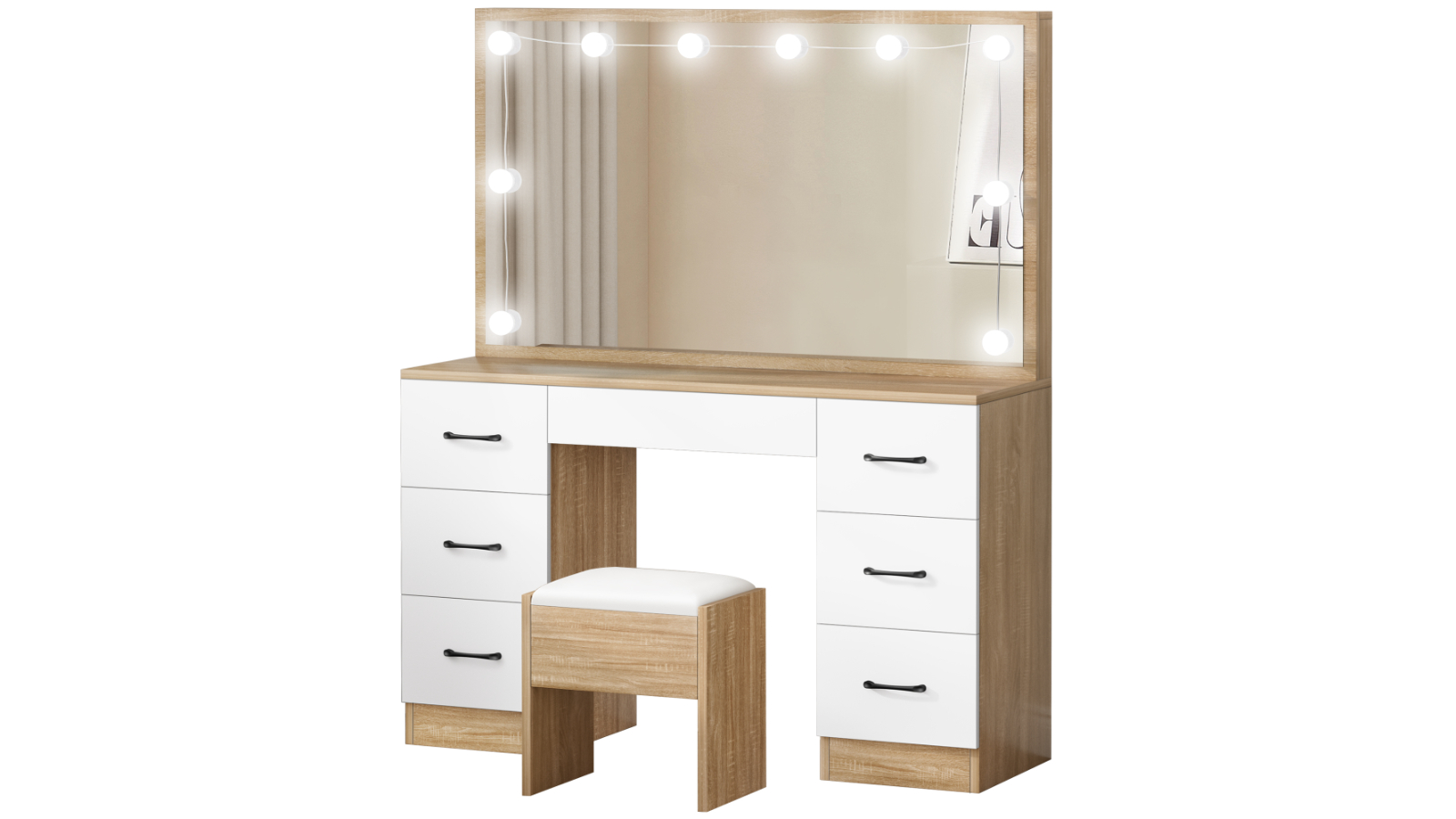 Alfordson 10 LED Bulbs Dressing Table Stool Set - Oak