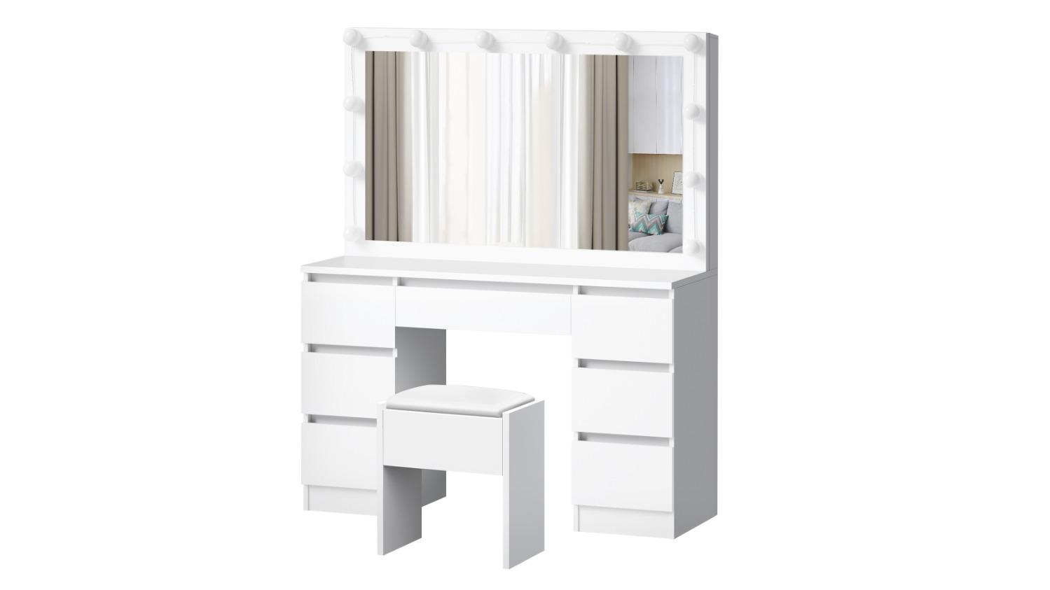 Alfordson 7-Drawer 12 LED Bulbs Dressing Table Stool Set - White