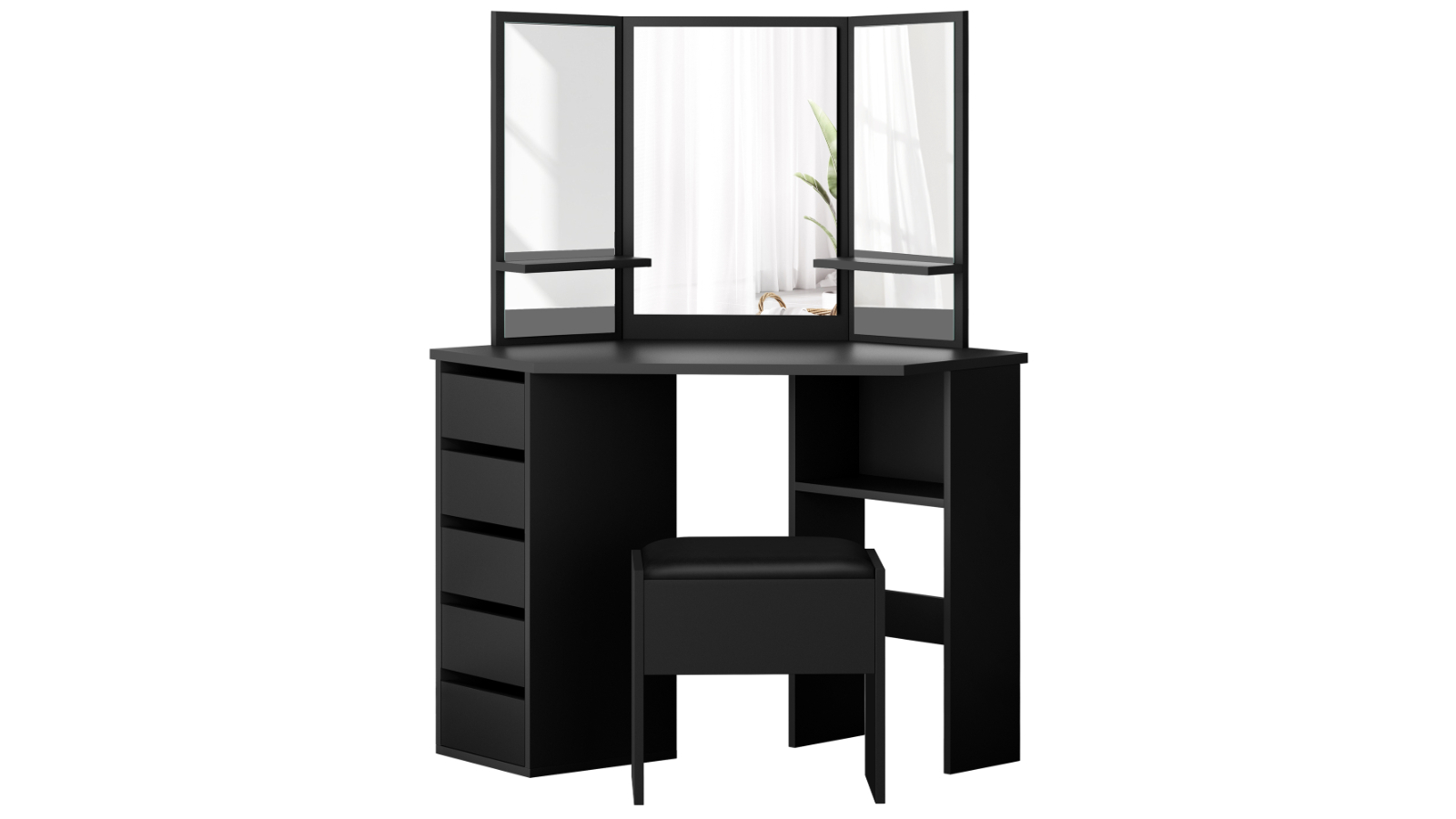 Alfordson Tri-fold Dressing Table Stool Set - Black