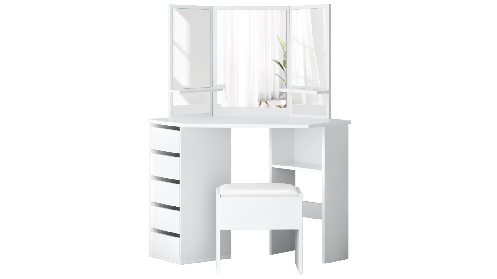 Alfordson Tri-fold Dressing Table Stool Set - White
