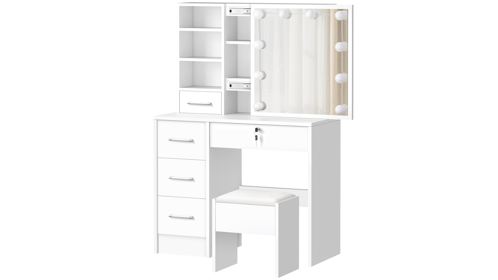 Alfordson 10 LED Bulbs Makeup Storage Desk Stool Set - White