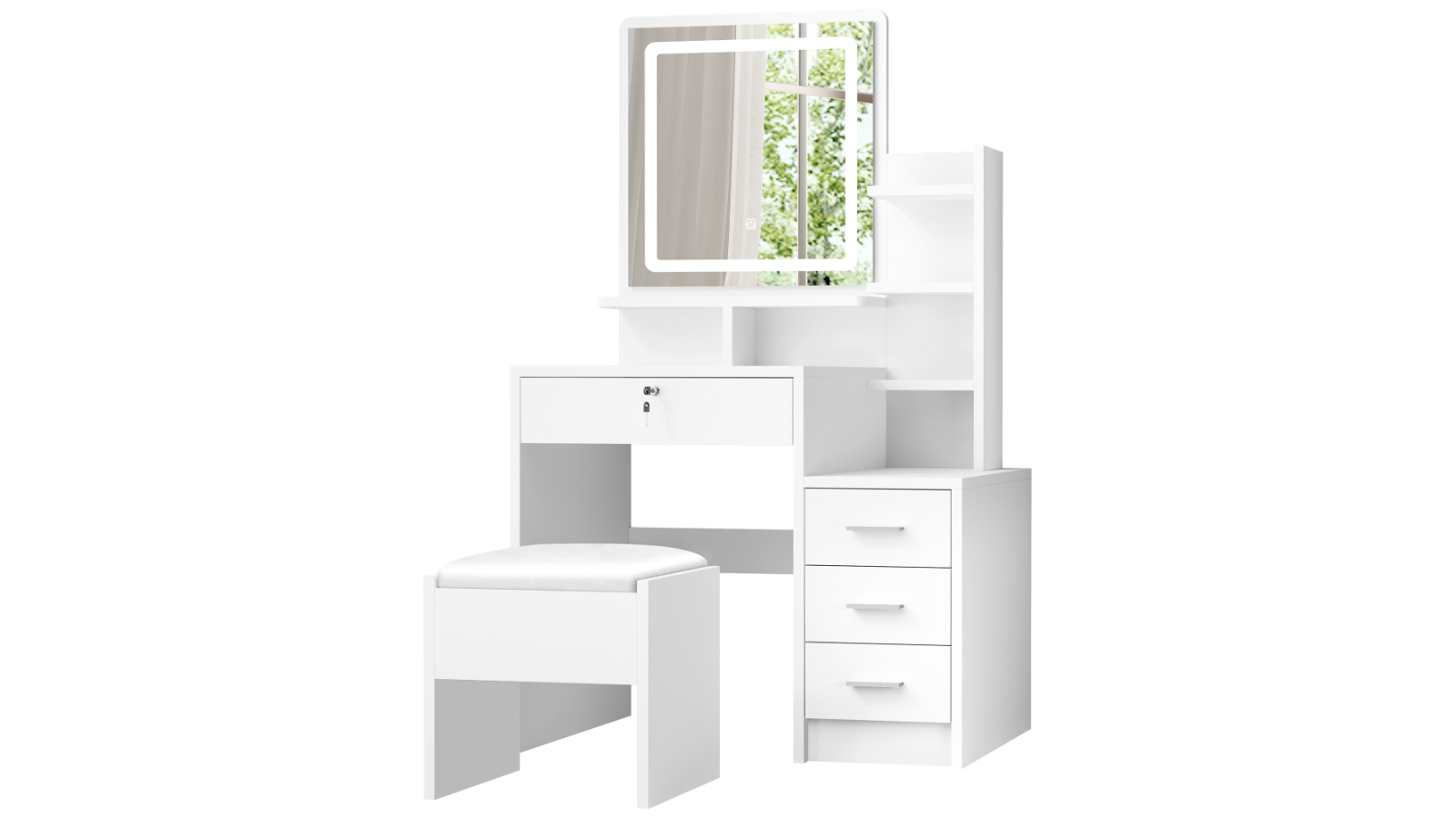 Alfordson Vanity Desk Set with LED Mirror and Stool - White
