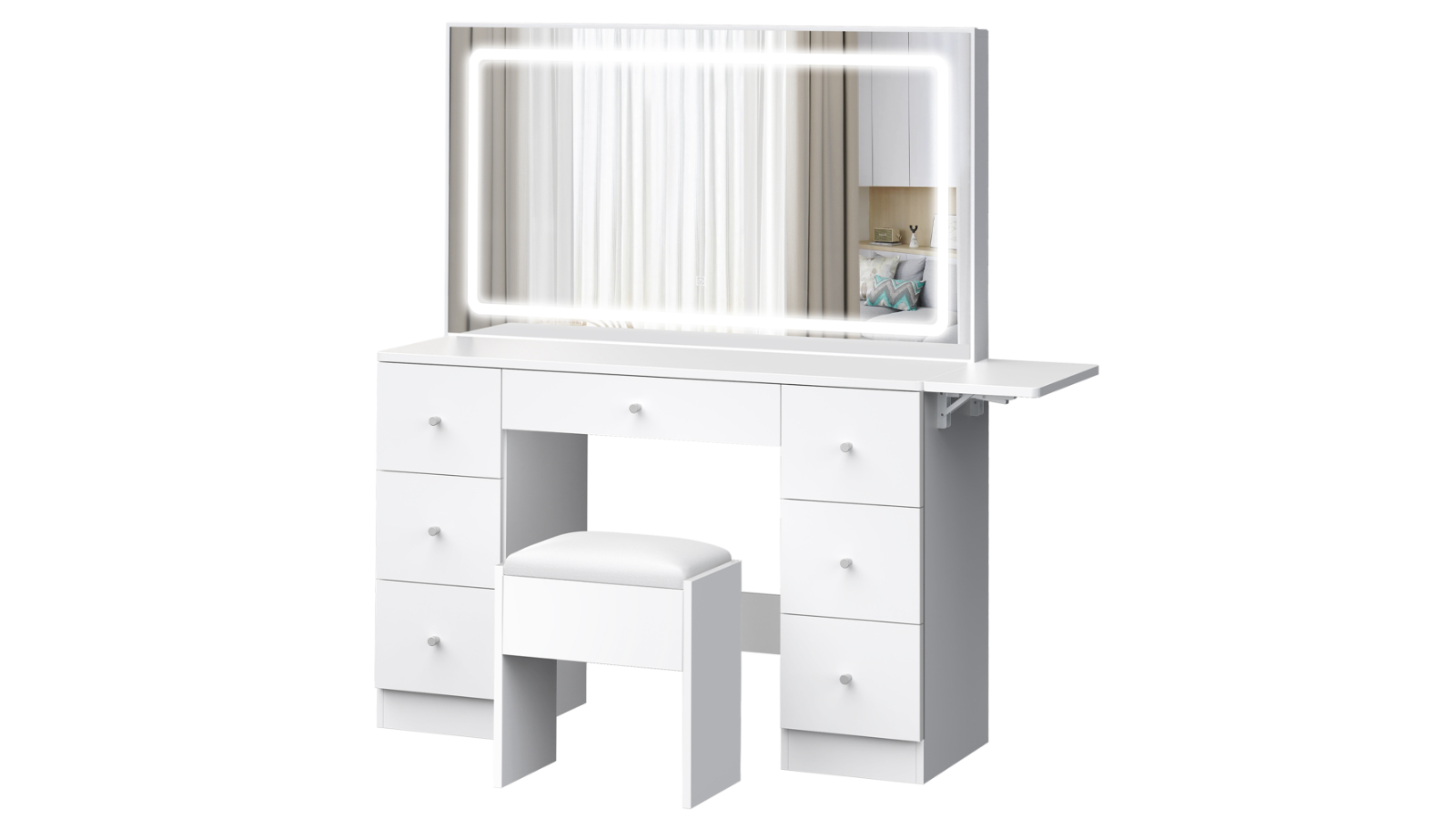 Alfordson 7-Drawer LED Vanity Desk Stool Set - White