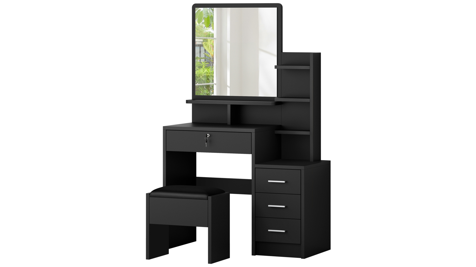 Alfordson Black Dressing Table Set with Stool and Makeup Mirror