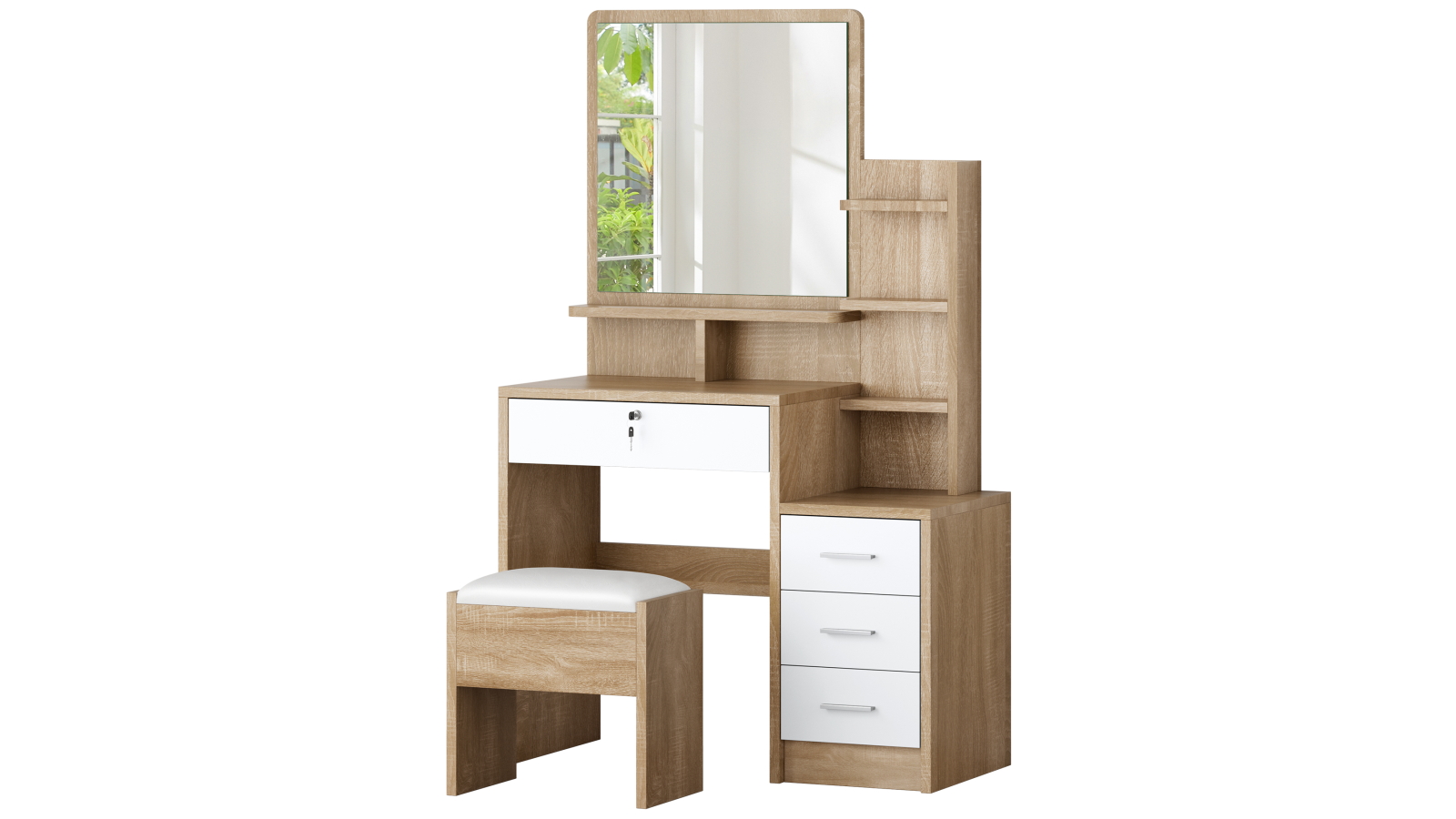 Alfordson Wood Dressing Table Set with Stool and Makeup Mirror