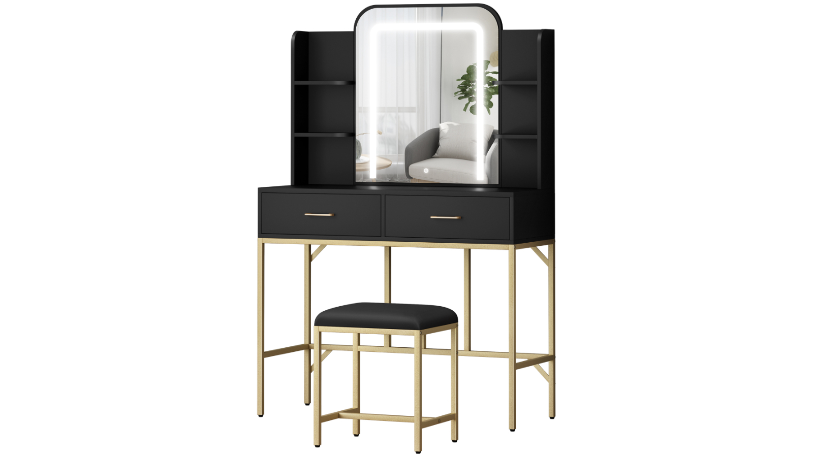 Alfordson Metal LED Vanity Desk Stool Set - Black