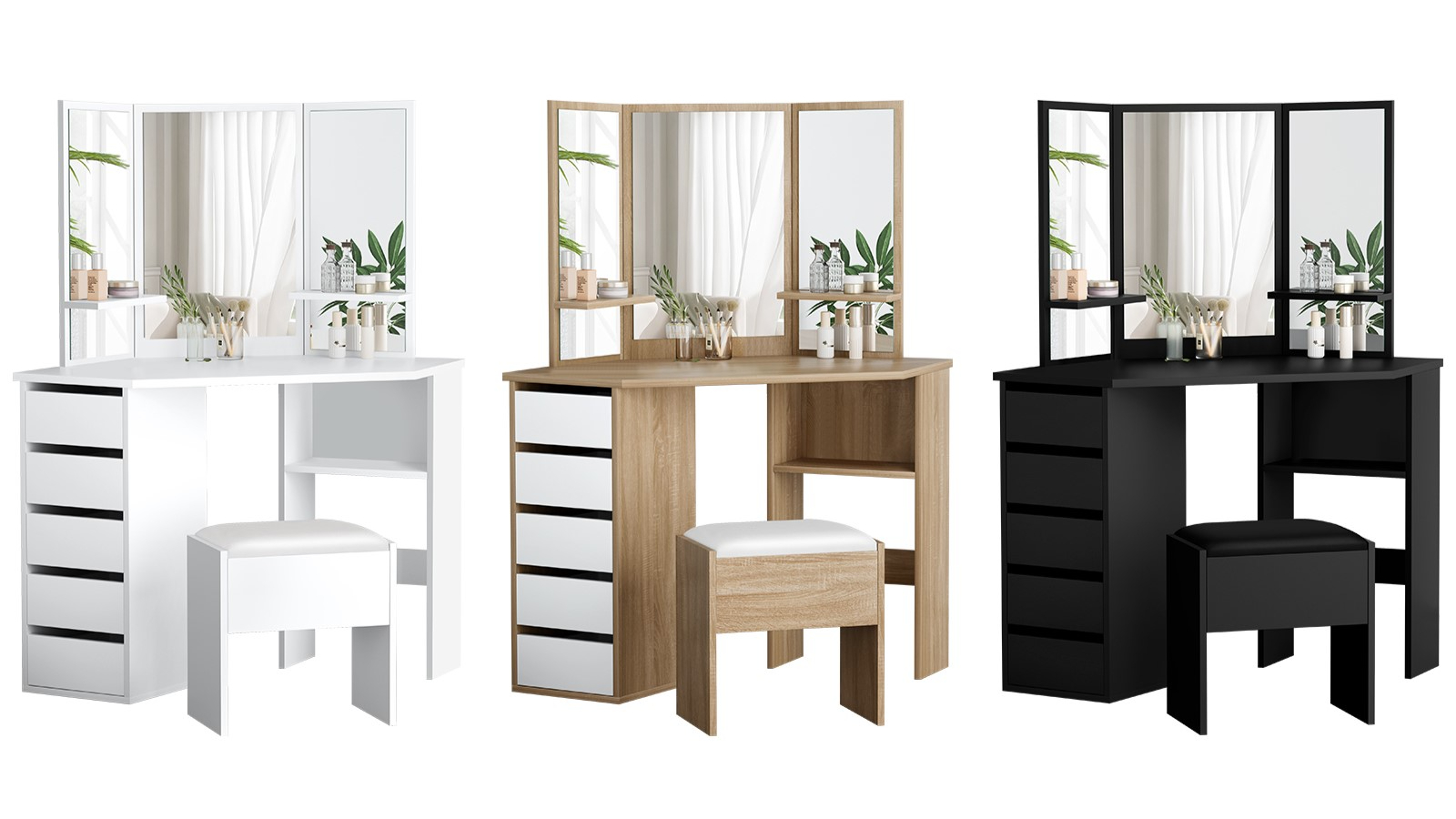 Alfordson Tri-Fold Vanity Mirror Dressing Table Stool Set