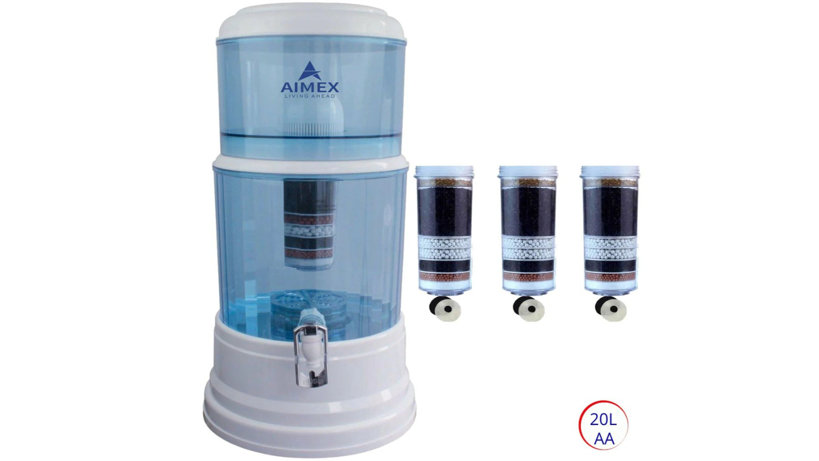 Aimex Water 3 Piece 8-Stage Filter BPA-Free Bench Top Activated Charcoal and Maifan Stone Purifying Water Dispenser - 20L
