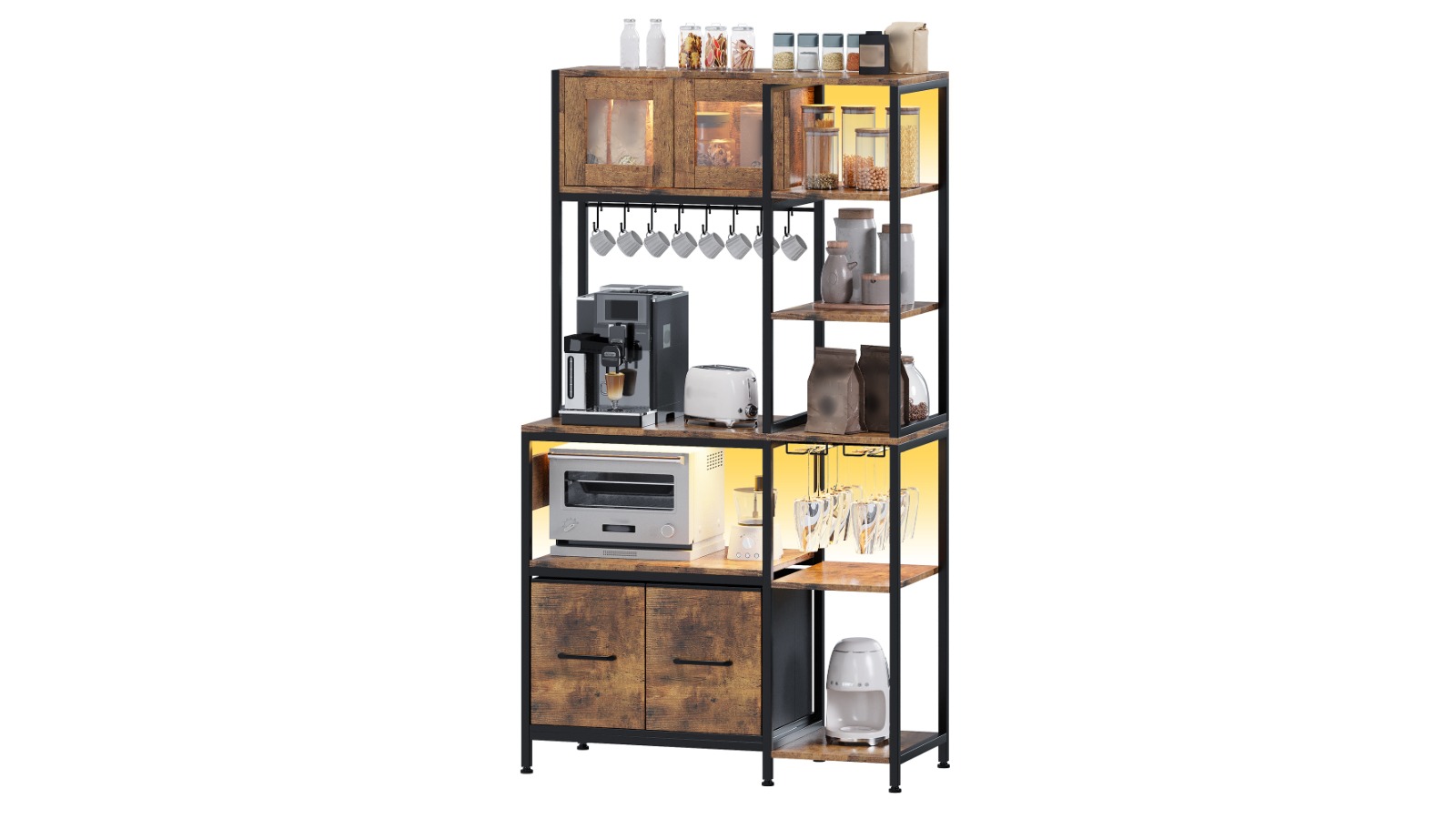Advwin 90 x 40 x 159cm Bakers Rack with Power Outlet and LED Light - Rustic Brown