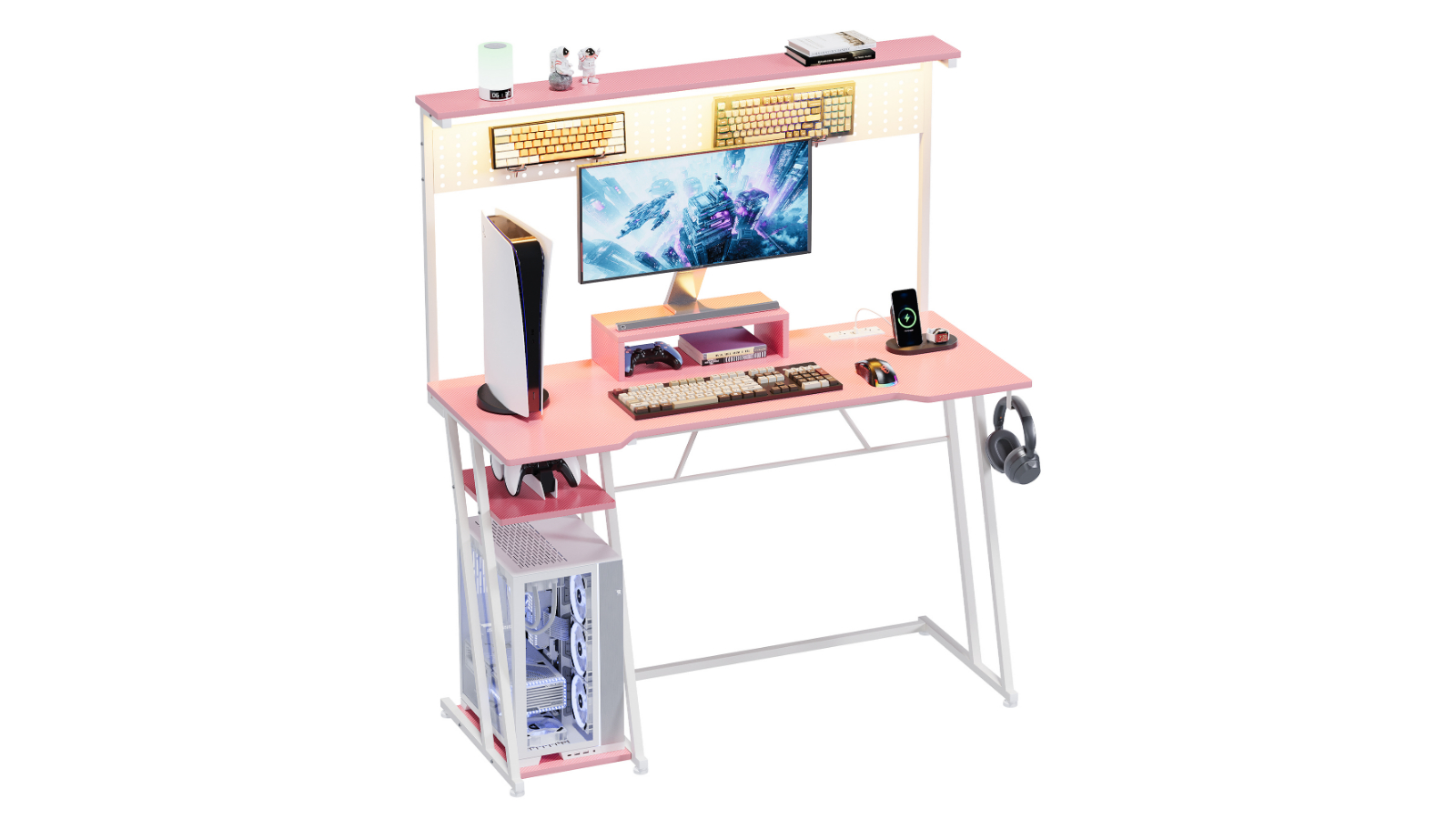 Advwin 120cm LED Gaming Desk with Monitor Stand and Power Outlet - Pink