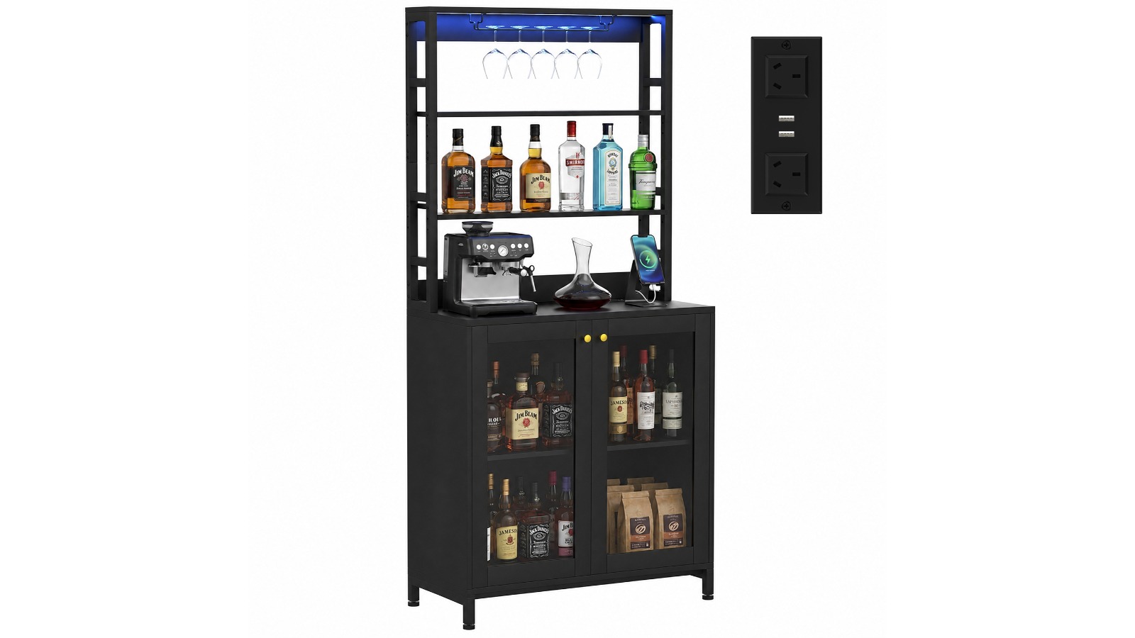 Advwin LED Wine Bar Cabinet with Charging Station - Black