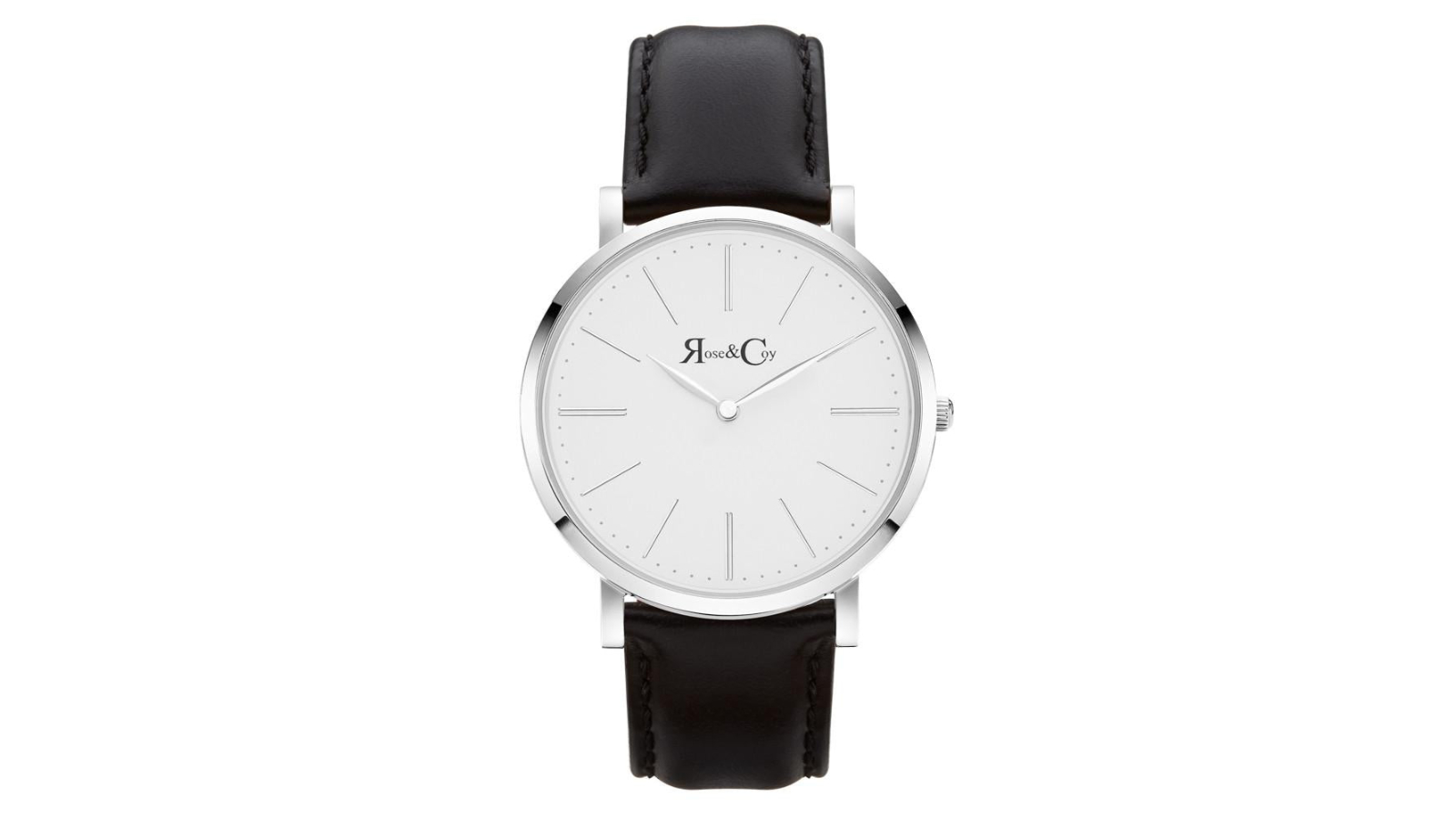 Rose and Coy 4cm Pinnacle Ultra Slim Black Leather Watch - Silver