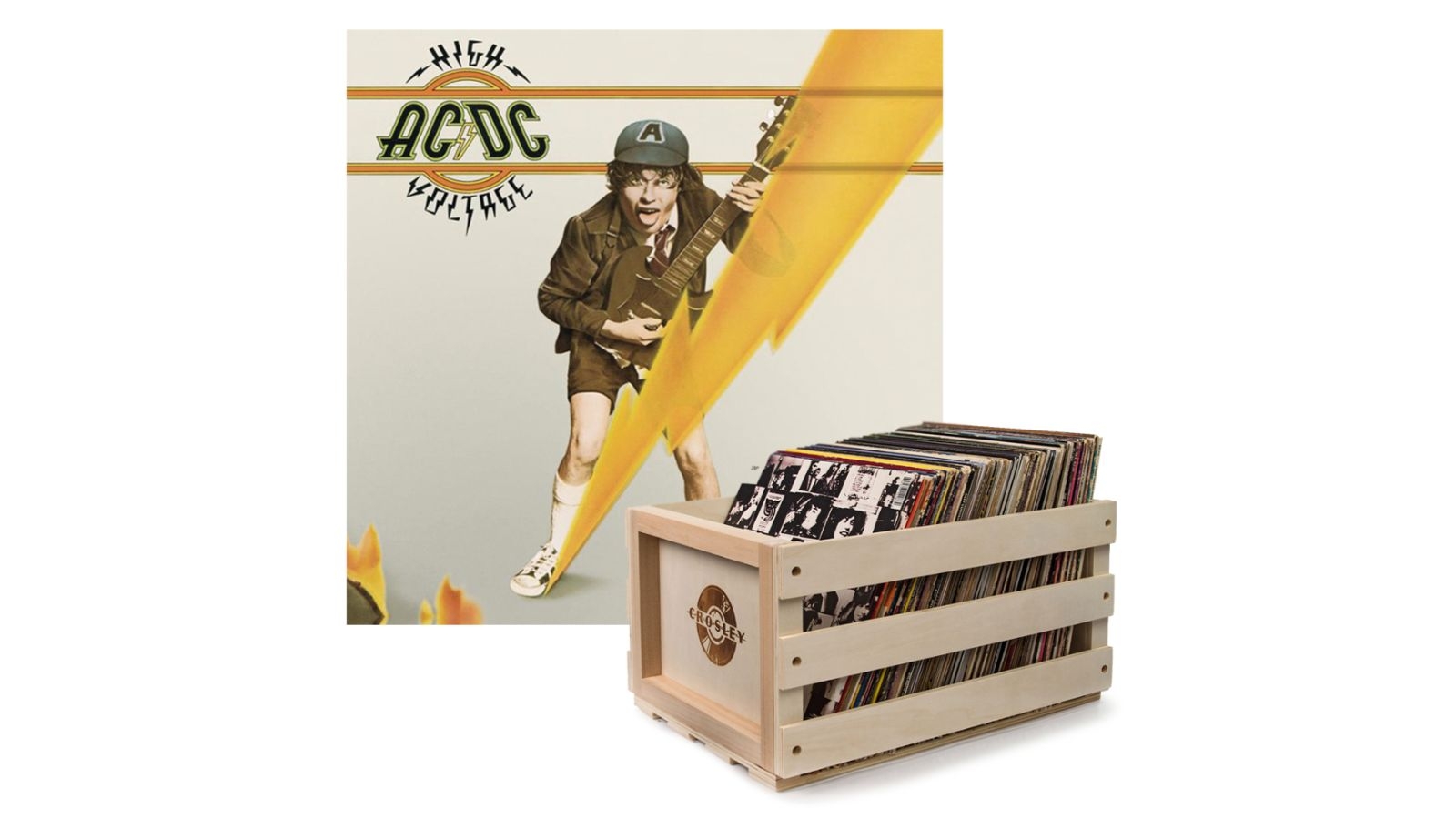 AC/DC High Voltage Vinyl Album and Crosley Record Storage Crate Bundle