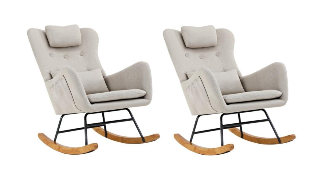 Oikiture Set of 2 Rocking Nursing Linen Armchair with 2 Pillow - Beige