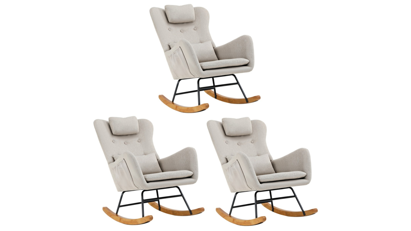 Oikiture Set of 3 Rocking Nursing Linen Armchair with 2 Pillow - Beige