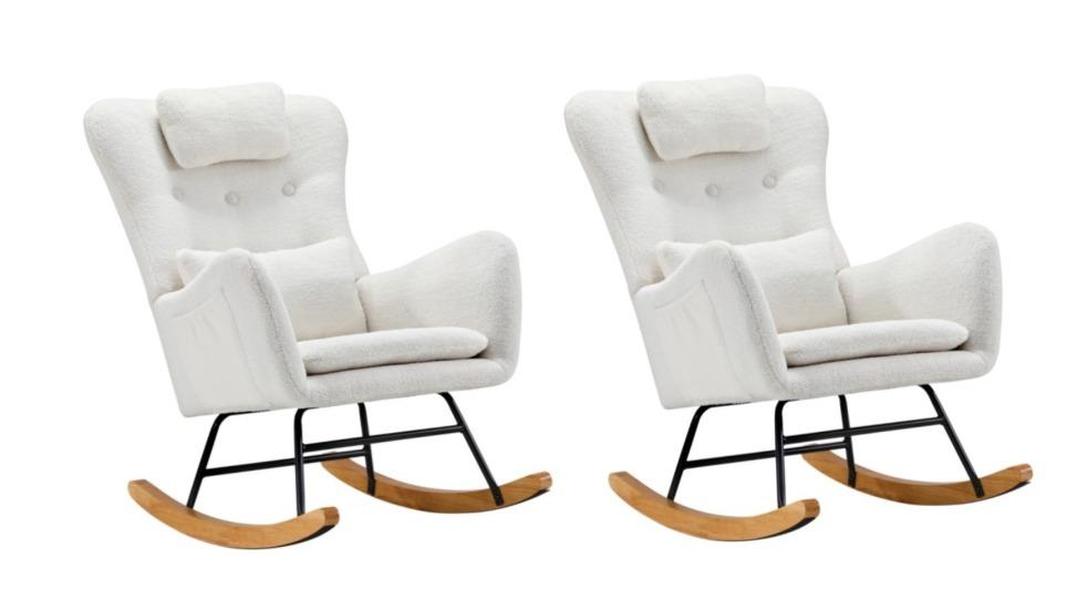 Oikiture Set of 2 Rocking Nursing Sherpa Armchair with 2 Pillow - White