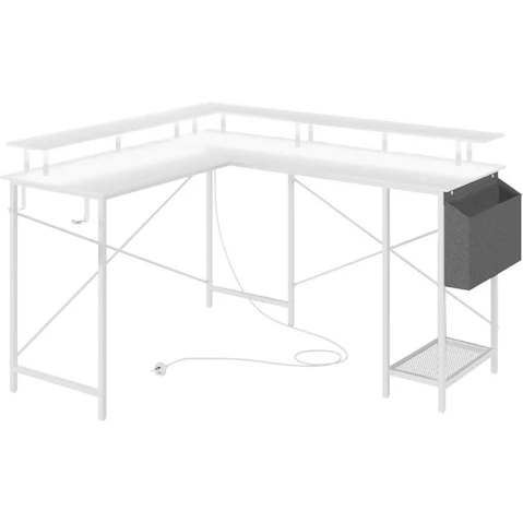 Advwin L Shaped RGB LED and Power Outlets Gaming Desk with Monitor Stand Hooks - White