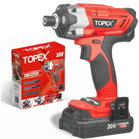 Topex 20V 1/4 Hex Drive Cordless Impact Driver with Lithium Ion Battery and Charger