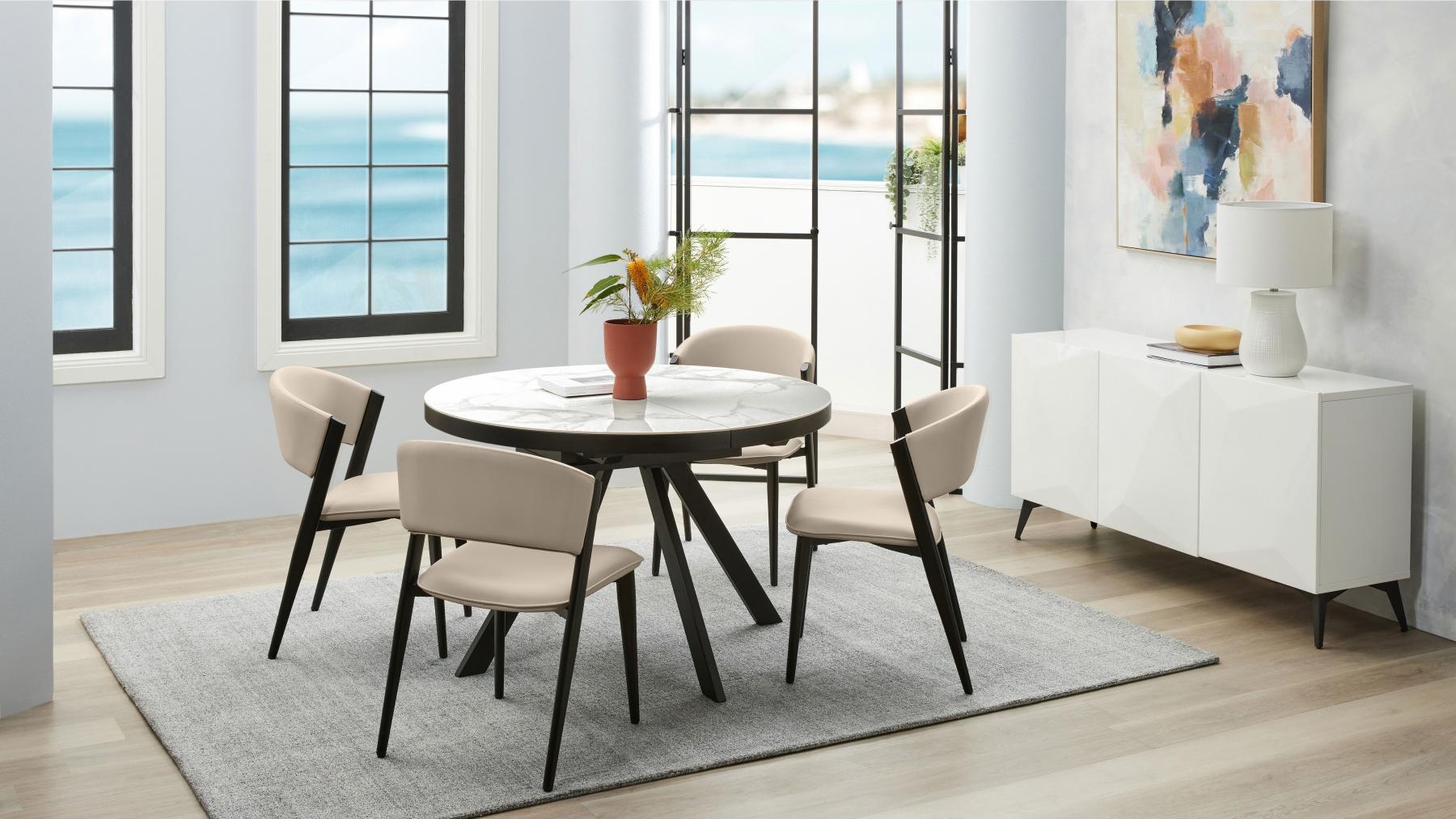 Kyoto 5-Piece Round Extension Dining Set - Beige PU