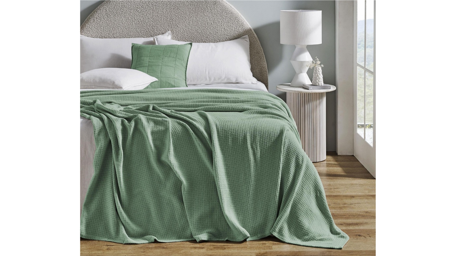 L'Avenue Coolum Sage Cotton Waffle Blanket - Queen/King