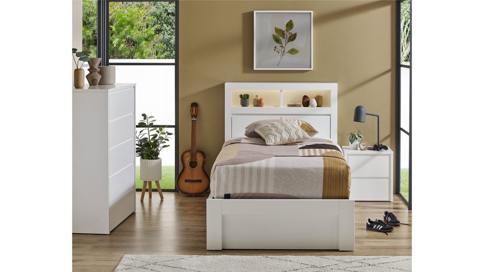 Seashell Front Gas Lift Ivory White Bed - King Single