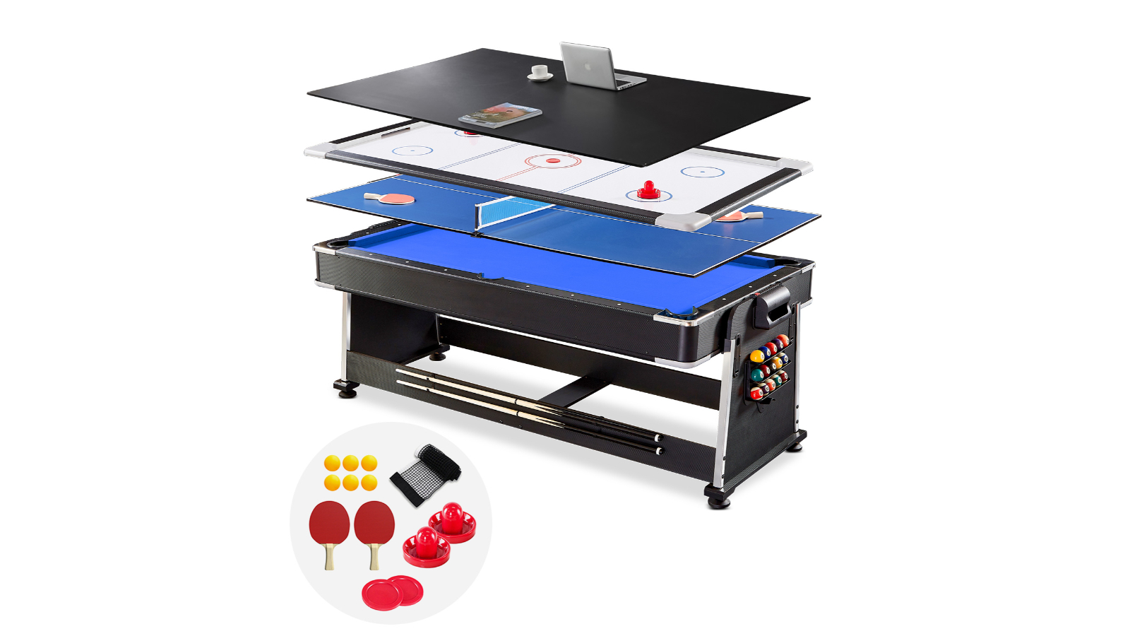 ActiveGo AirShot 4-IN-1 Billiards, Air Hockey and Ping Pong Table, Easy-Flip Change and All Equipment Included