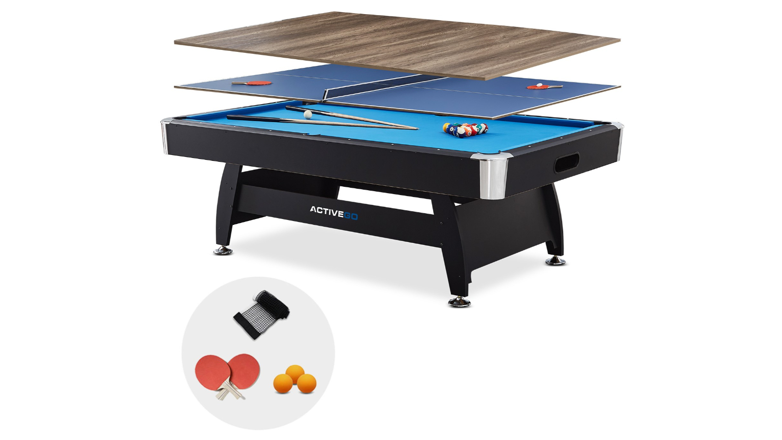 ActiveGo BreakShot 7ft 3-IN-1 Table Tennis and Billiards Table with Ball Return, Cues and Equipment Included