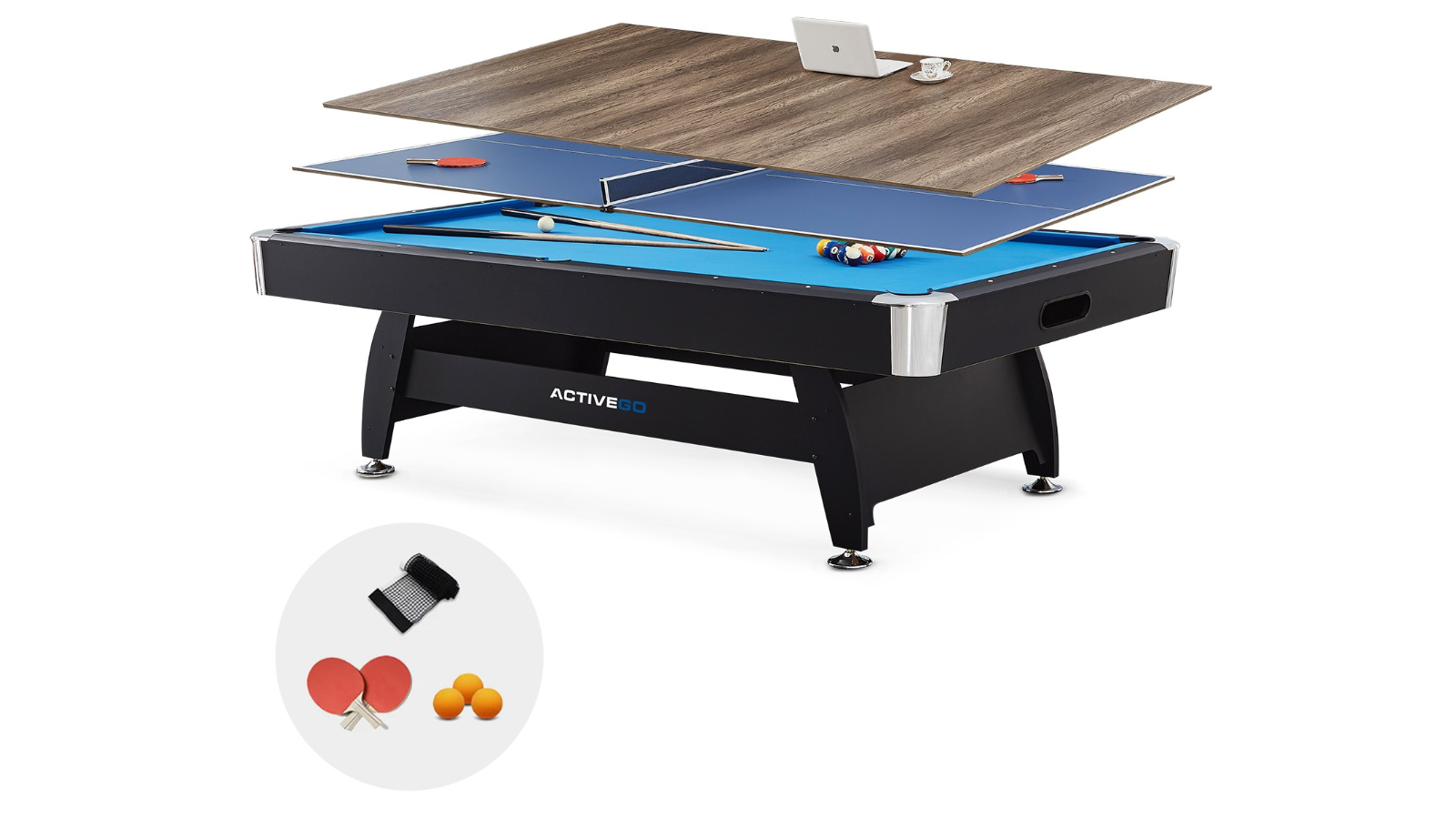 ActiveGo BreakShot 8ft 3-IN-1 Table Tennis and Billiards Table with Ball Return, Cues and Equipment Included