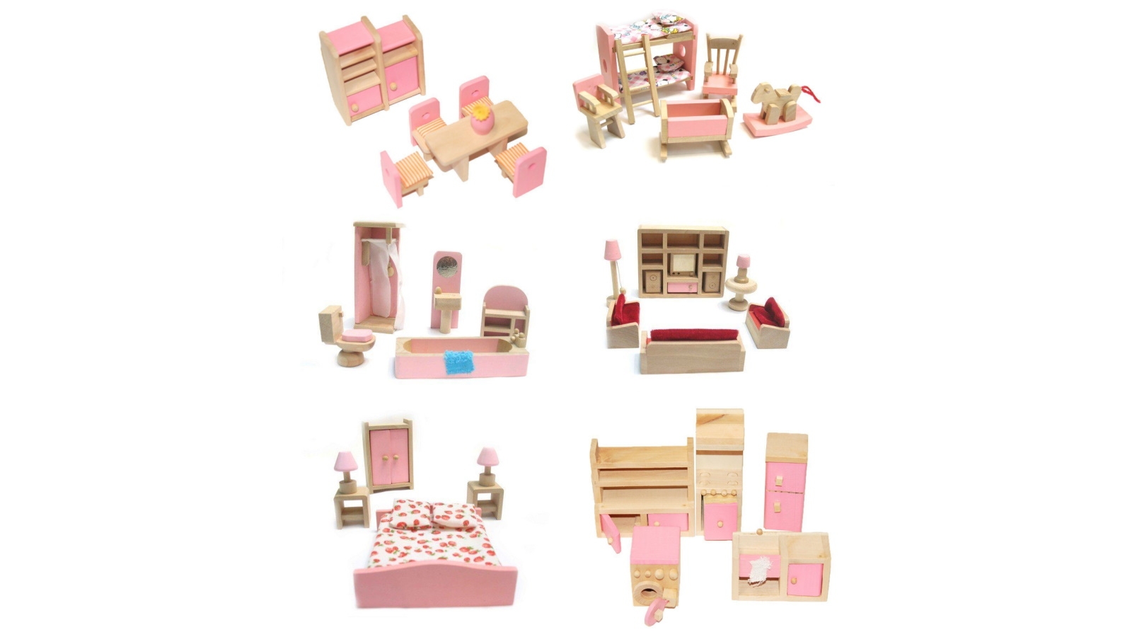 All 4 Kids Wooden Doll House Furniture Miniature 6 Rooms & 4 Dolls Set