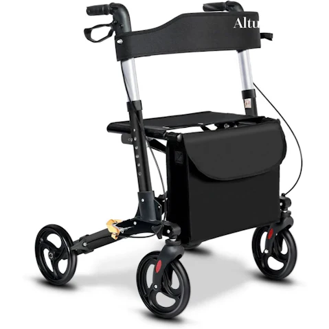 Altus Aluminium Frame Euro Walker Mobility Rollator Portable Outdoor Seat Walker with Bag - Black