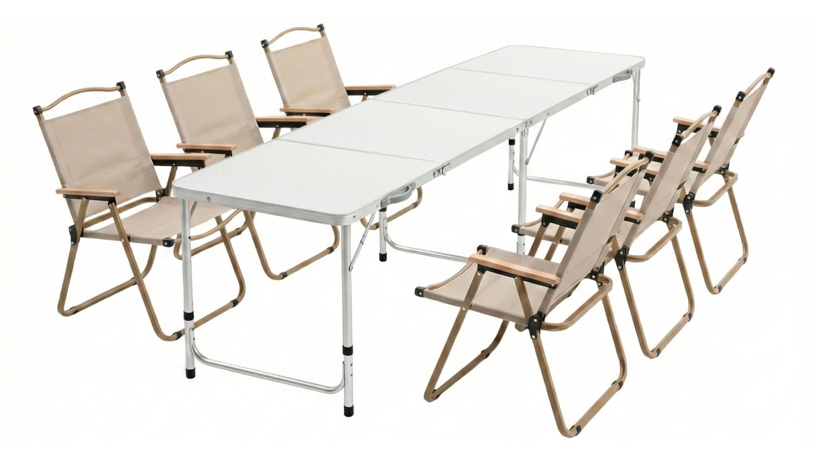 Weisshorn 7-Piece Folding Aluminium White Outdoor Camping Table and Tan Chair Set