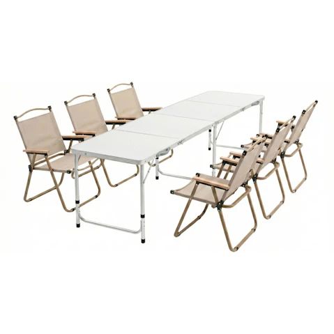 Weisshorn 7-Piece Folding Aluminium White Outdoor Camping Table and Tan Chair Set