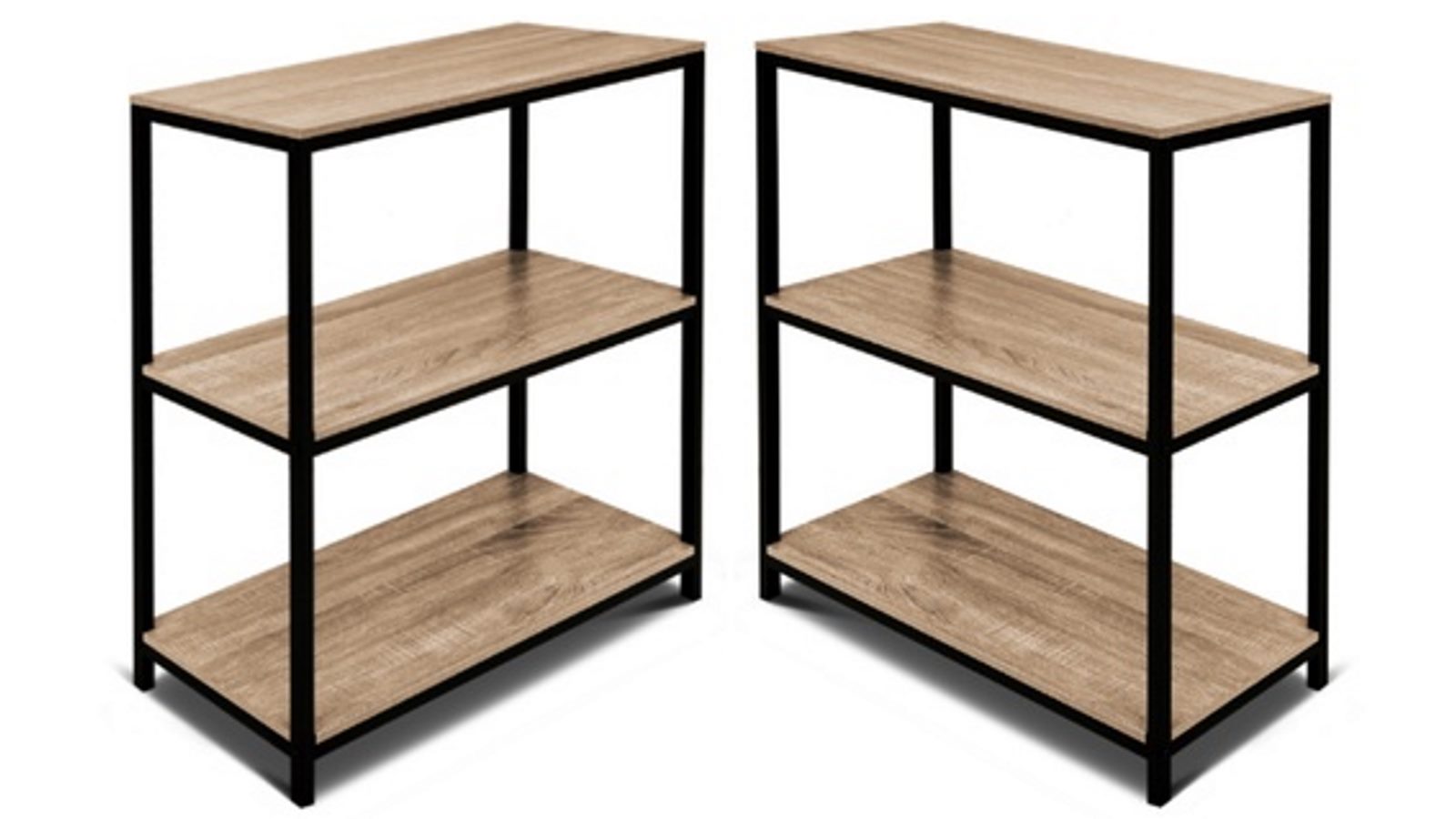 HelloFurniture Rome Set of 2 Industrial Style 3-Tier Storage Bookshelf - Oak