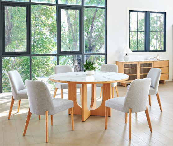 Arata 7-Piece Round Dining Table Set with Grey Fabric Chairs