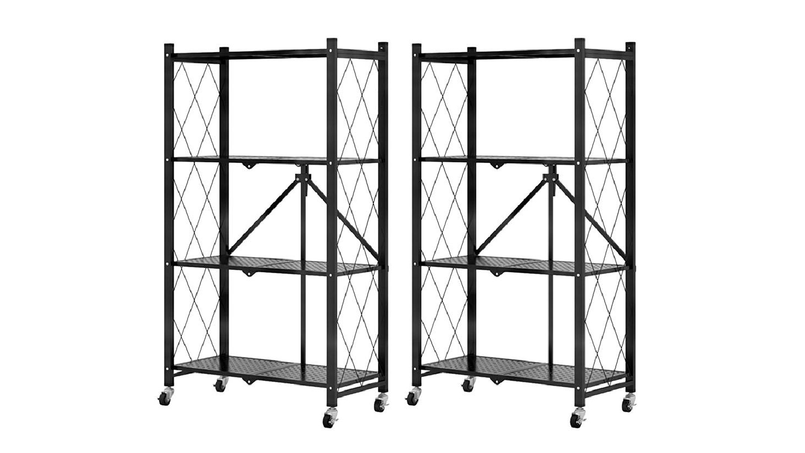 SOGA 2x 4 Tier Foldable Kitchen Shelves with Wheels - Steel Black