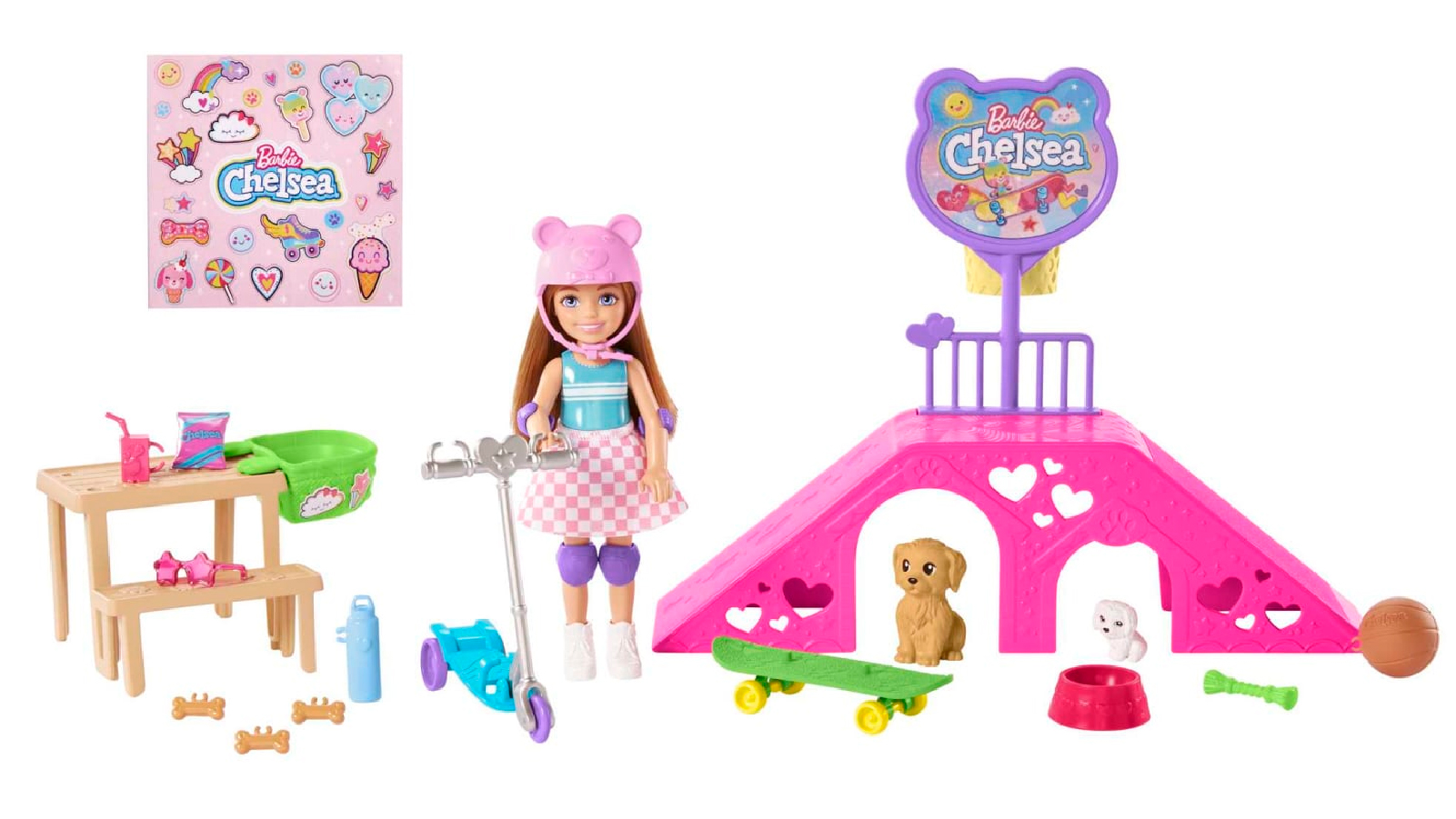 Barbie Chelsea Doll And Accessories Skatepark Playset With 2 Puppies And 15+ Pieces