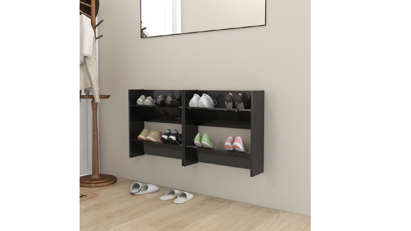 VidaXL 2 Piece High Gloss Black Chipboard Wall Shoe Cabinet 60 x 18 x 60 cm Harvey Norman
