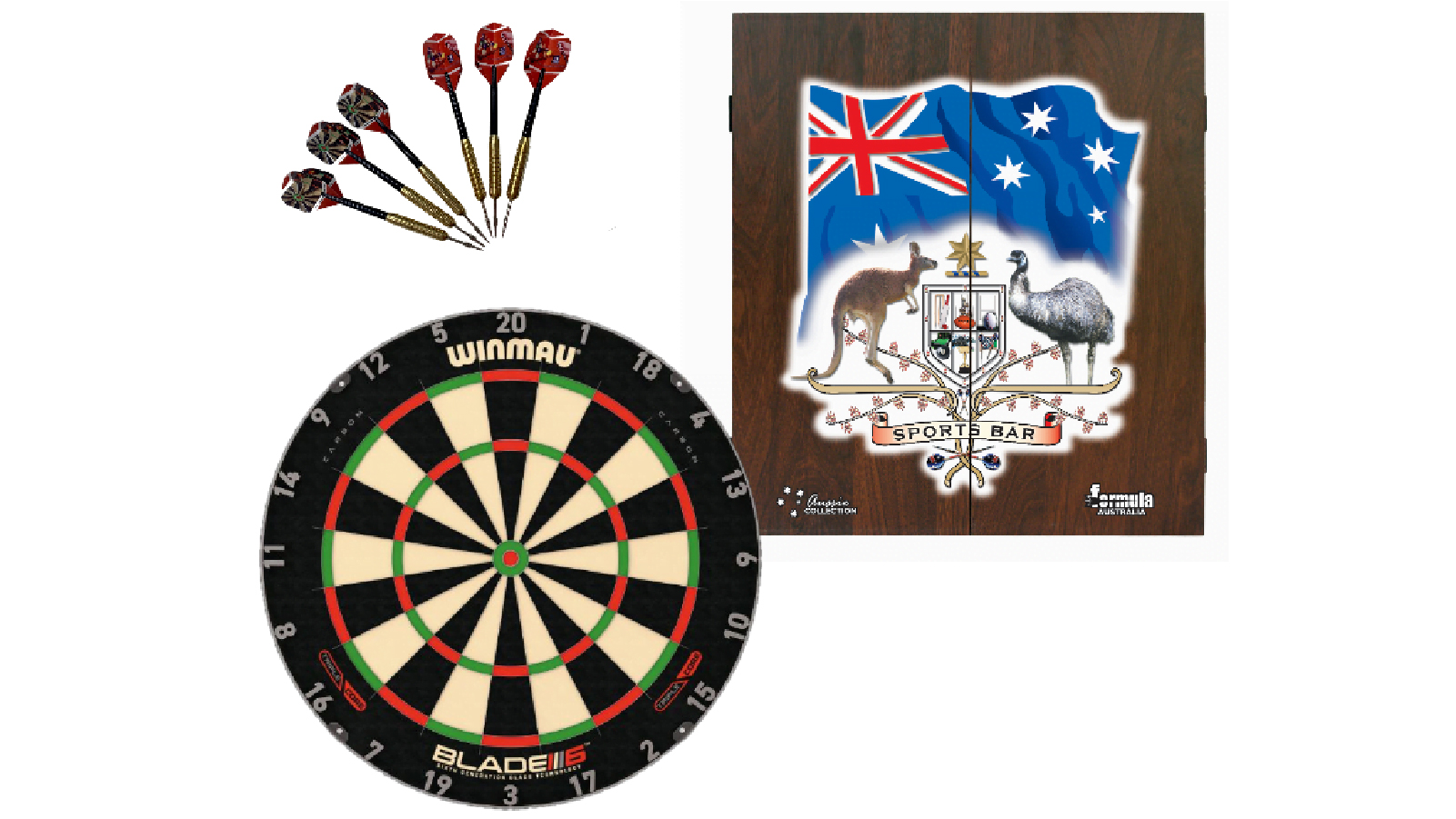 Winmau Blade 6 Triple Core Dart Board + Sports Bar Cabinet + Darts Set