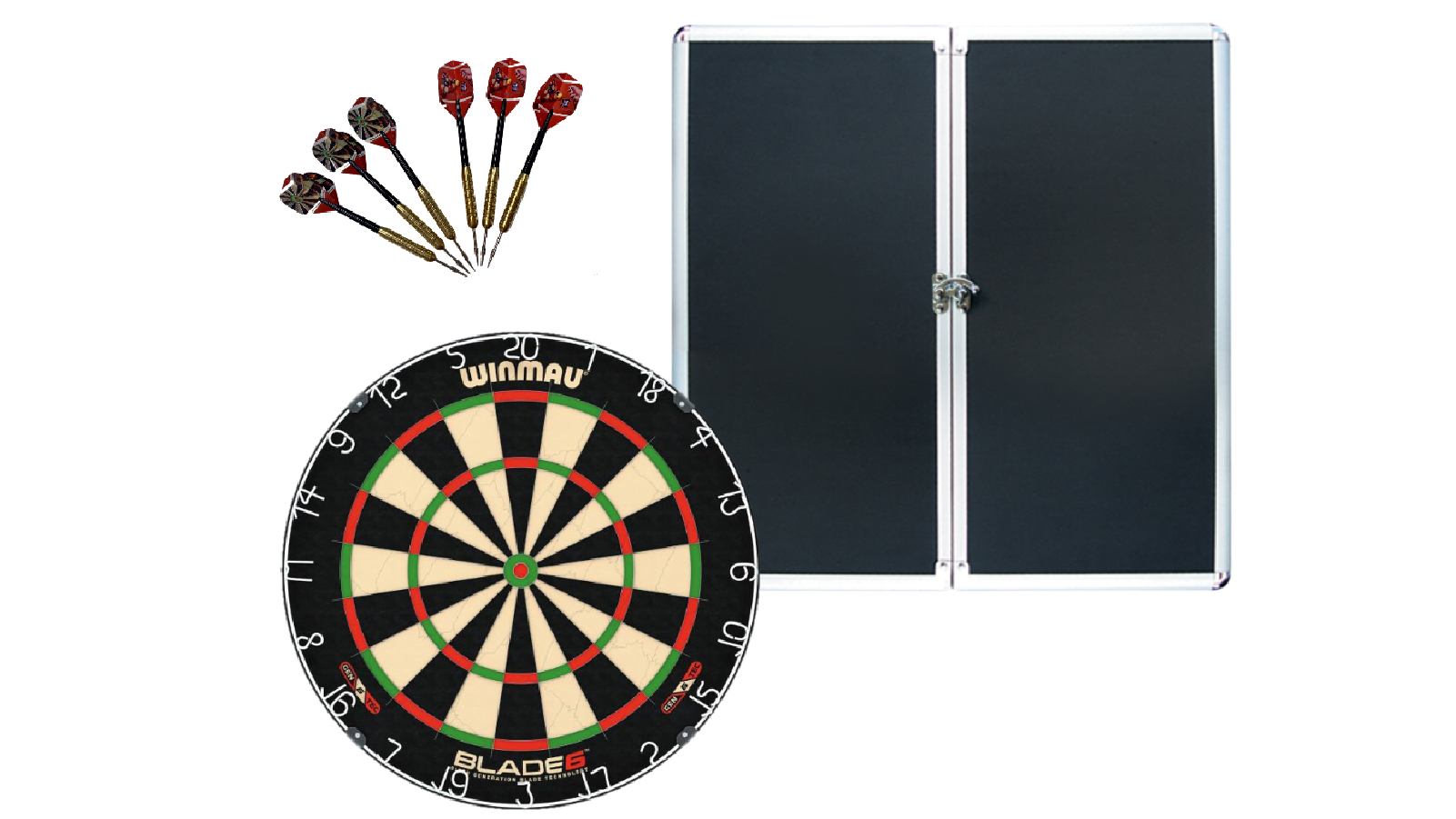Winmau Blade 6 Dart Board + Aluminium Dartboard Cabinet + Darts Set