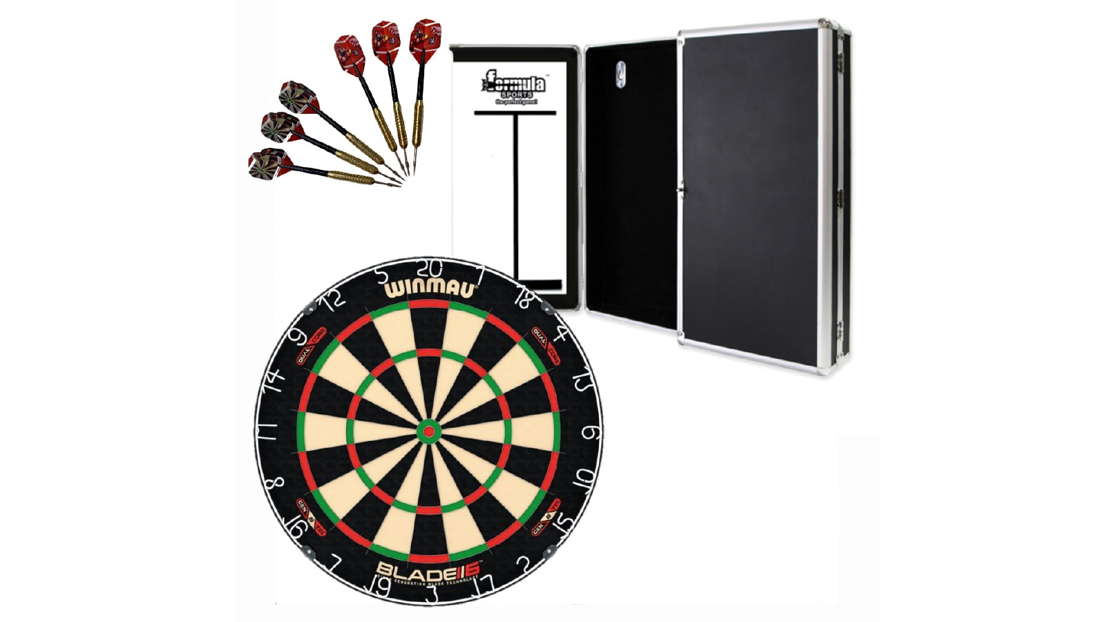 Winmau Blade 6 Dual Core Dart Board + Aluminium Cabinet + Darts Set