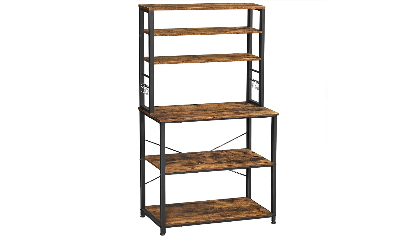 Vikus 6-Tier Kitchen Utility Storage Shelf  Baker's Rack with Microwave Oven Stand and 6 Hooks - Rustic Brown and Black