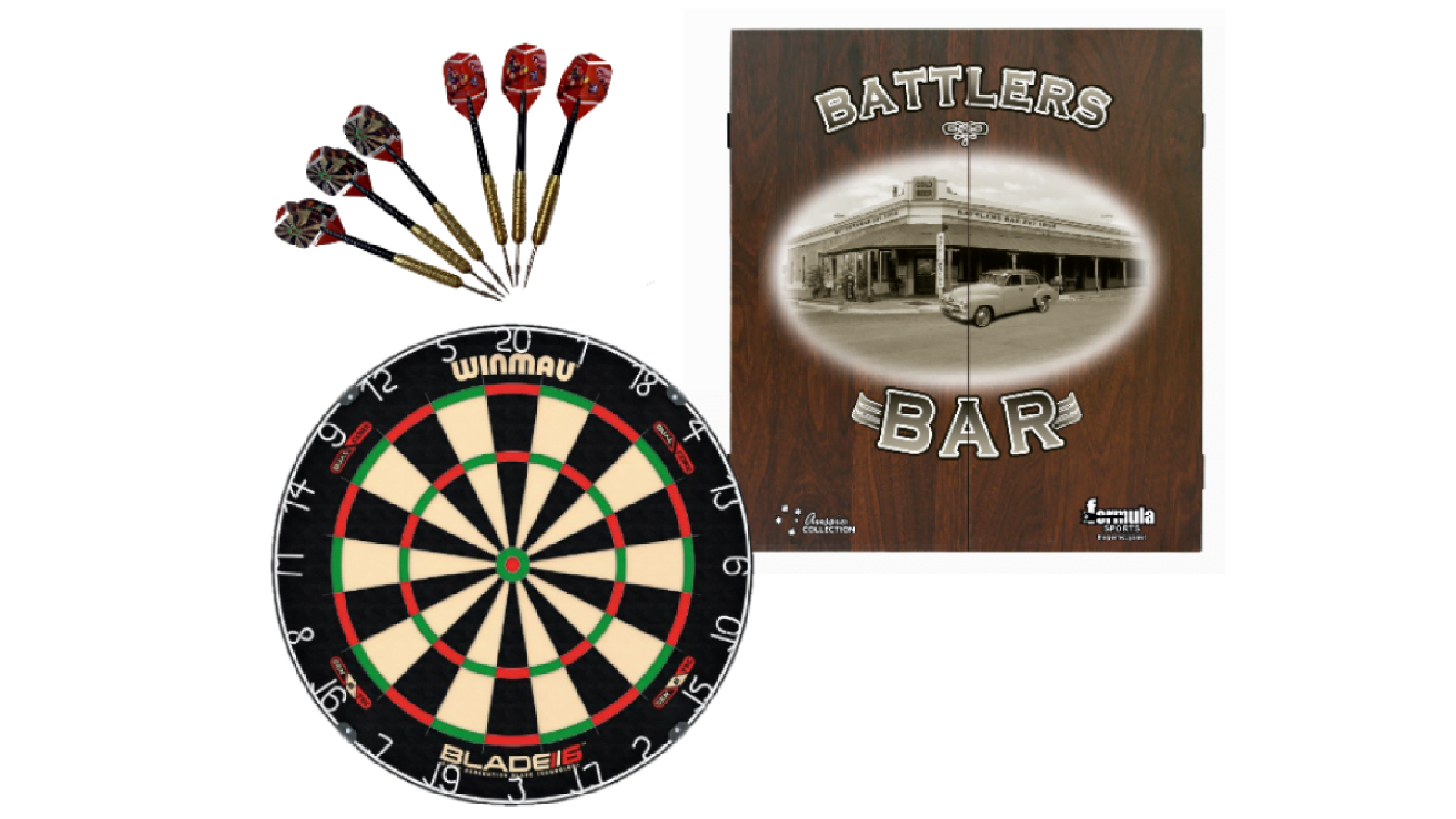 Winmau Blade 6 Dual Core Dart Board + Battlers Bar Cabinet + Darts Set