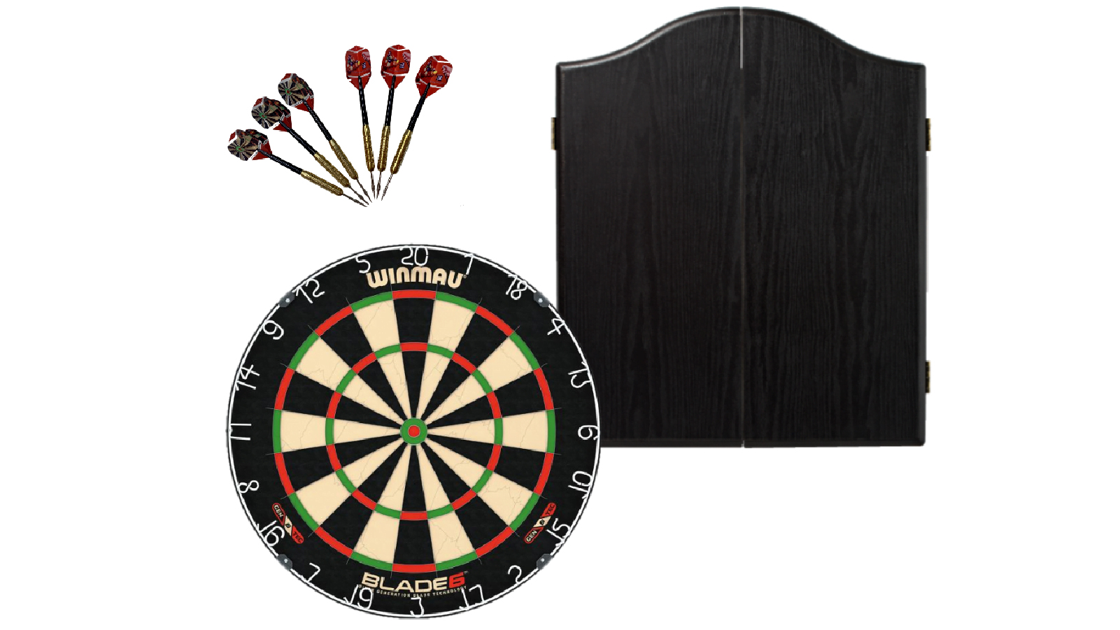 Winmau Blade 6 Dart Board + Winmau Black Dartboard Cabinet + Darts Set