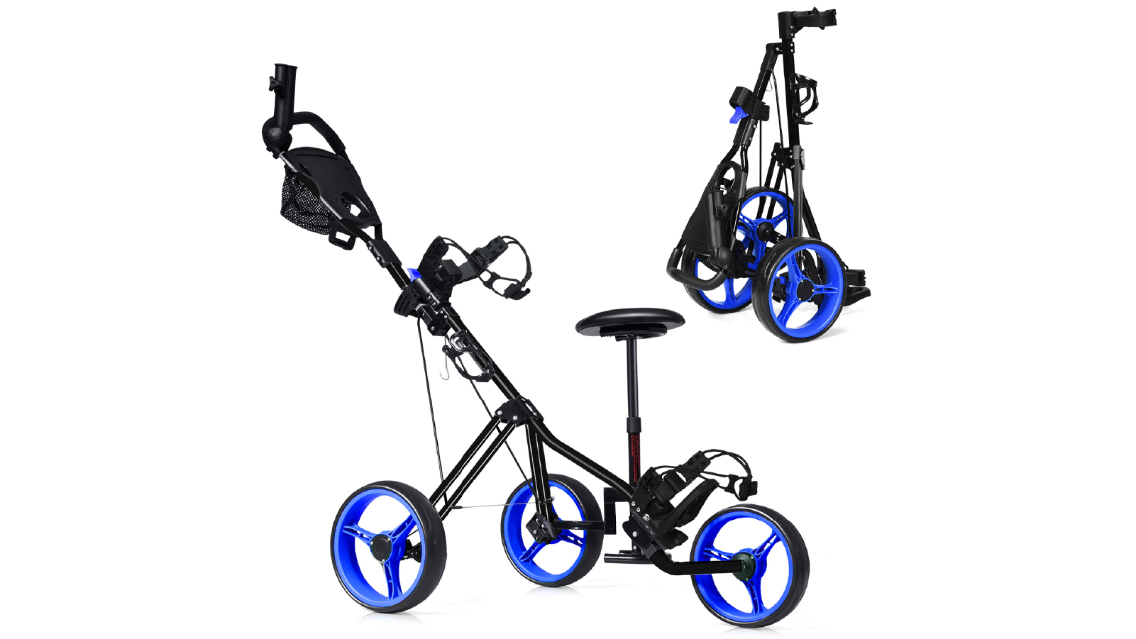 Costway Foldable Pro 3 Wheel Adjustable Golf Club Push Cart Trolley with Seat & Scoreboard Bag - Blue